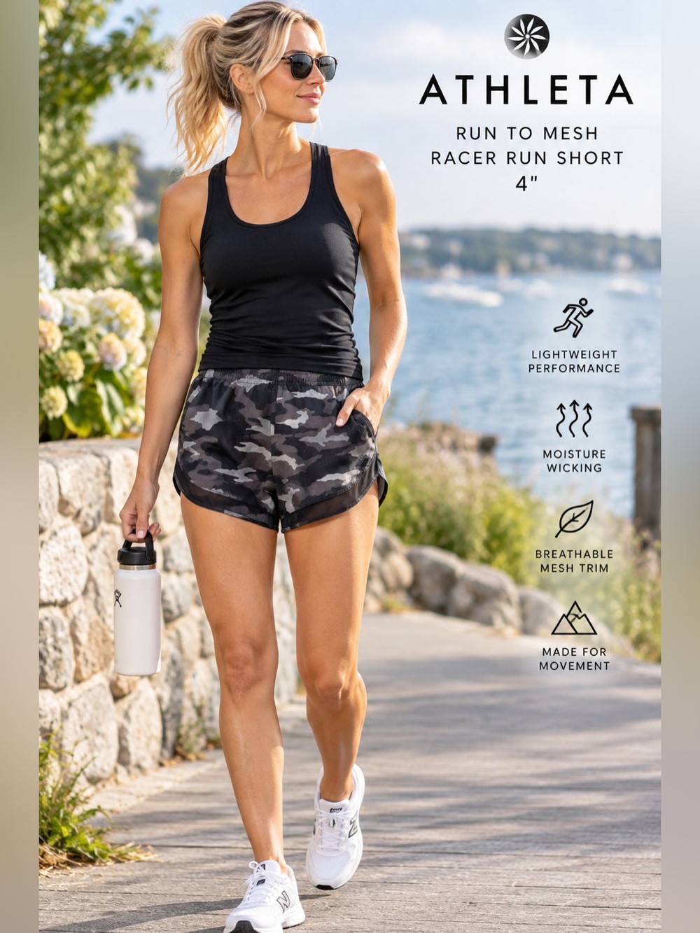 Athleta Run To Mesh Racer Run Shorts 4” Black Gray Camo Lined Running